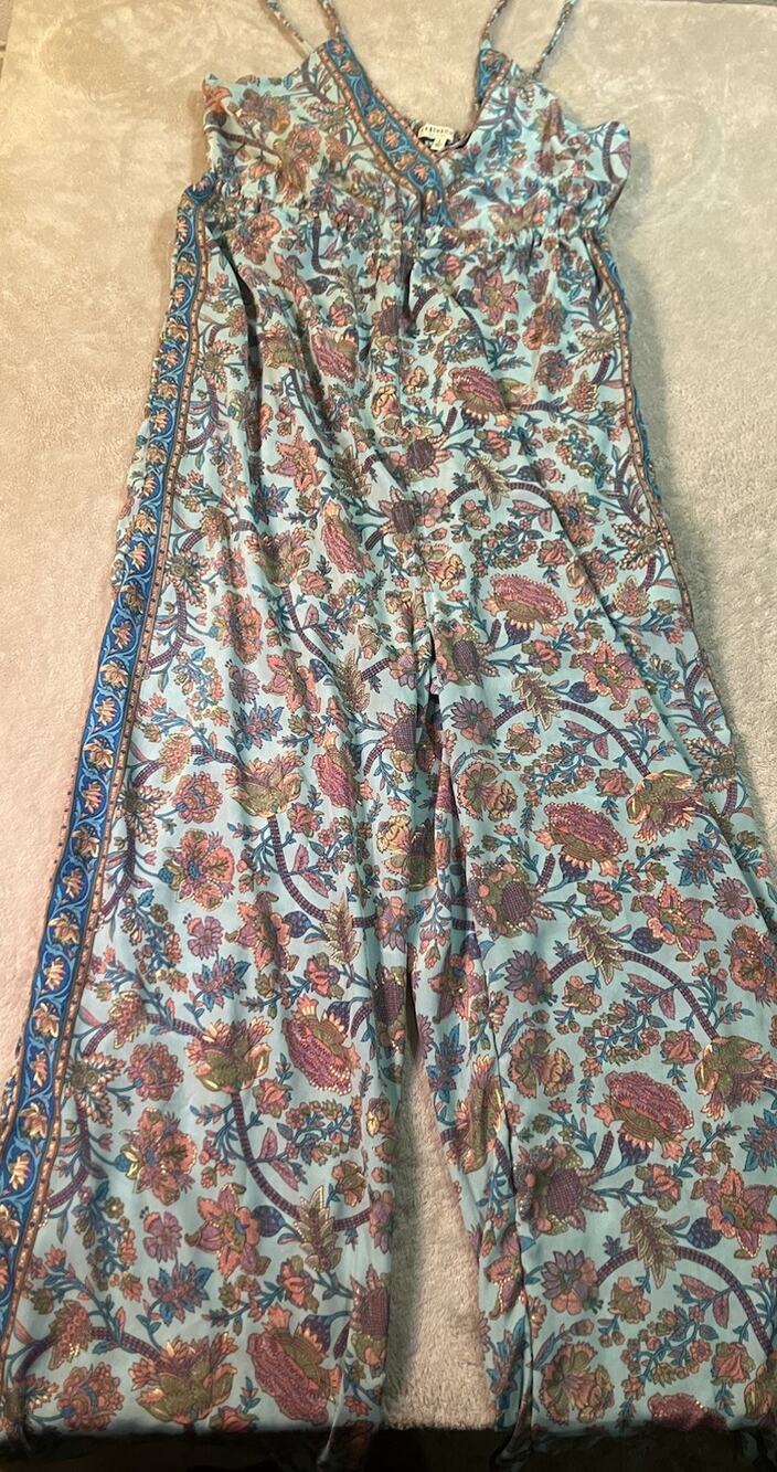 Light Blue Floral Boho Sari Jumpsuit Women's One Piece Romper L Earthbound